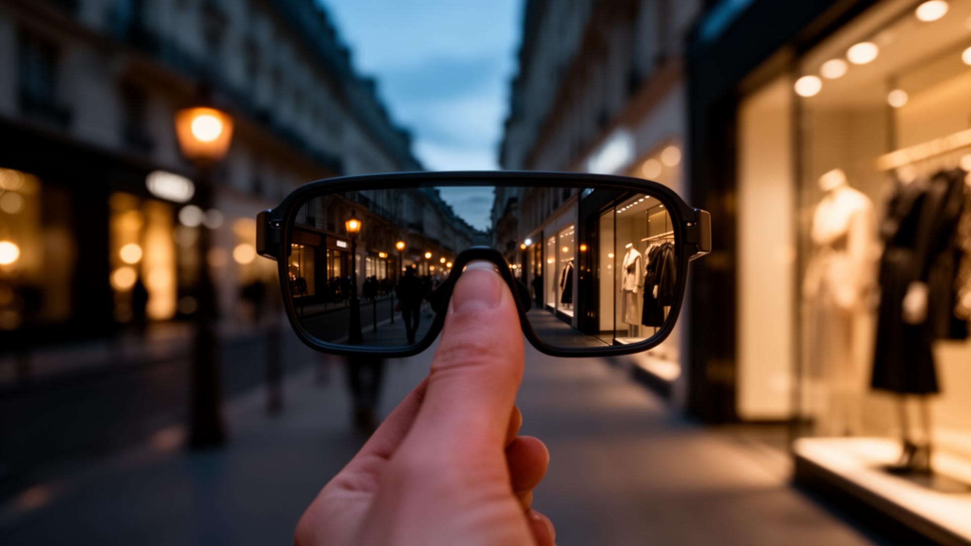 First-person view through Meta Ray-Ban smart glasses on a luxury shopping street at dusk
