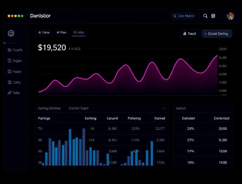 Dark analytics dashboard showing earnings curve with cyan and magenta accents
