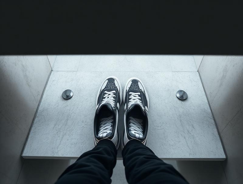 POV looking down at luxury sneakers on a minimalist concrete shelf